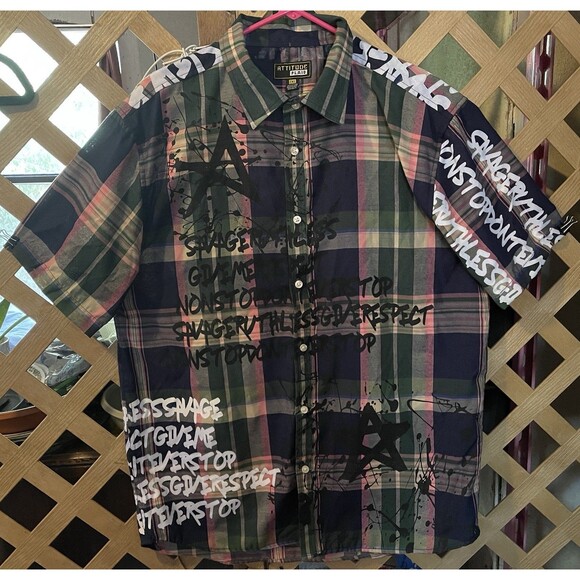 ATTITUDE PLAID Graffiti Print Plaid Button Down Shirt Men's 2XL - Picture 4 of 14